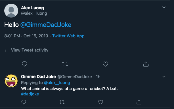 me tweeting at the bot and it replies with a dad joke